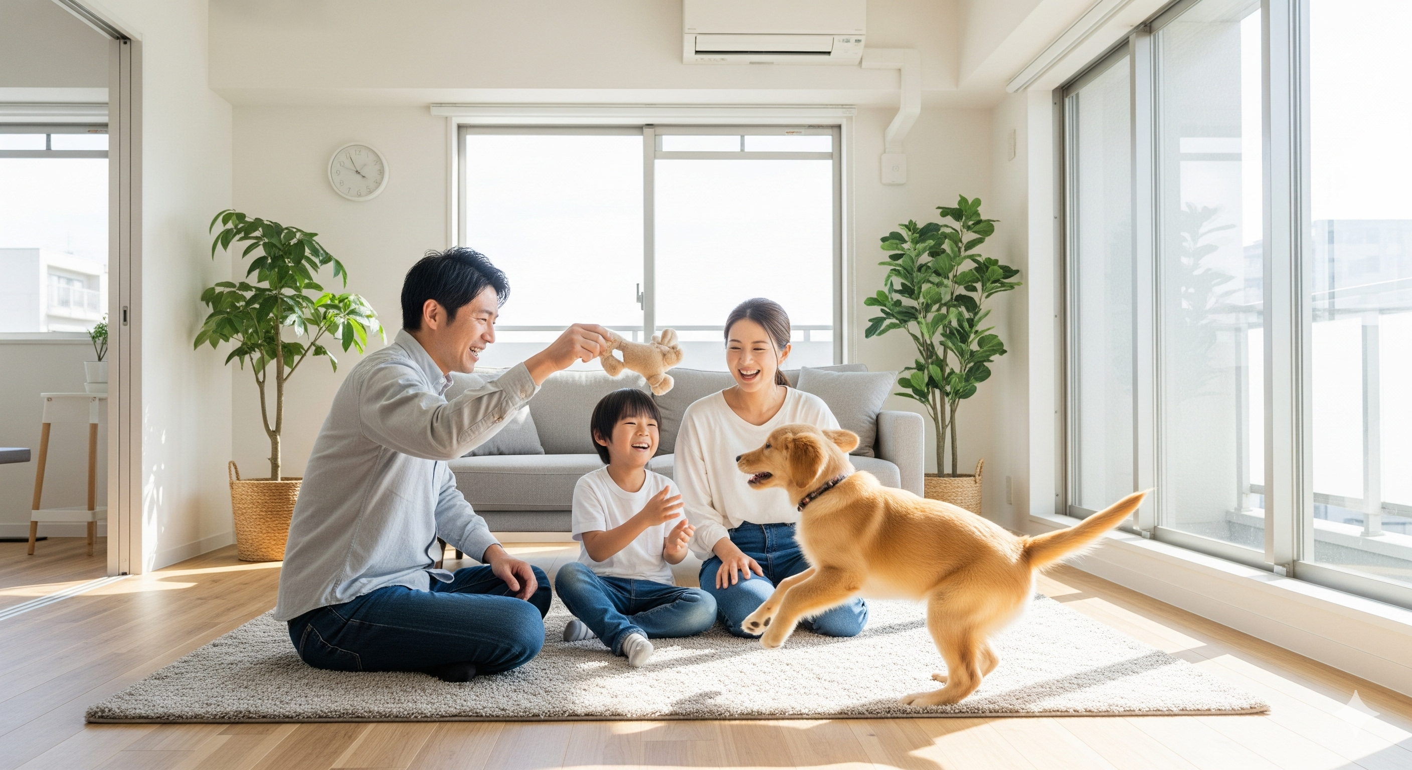 アパートで犬と過ごす幸せな家族